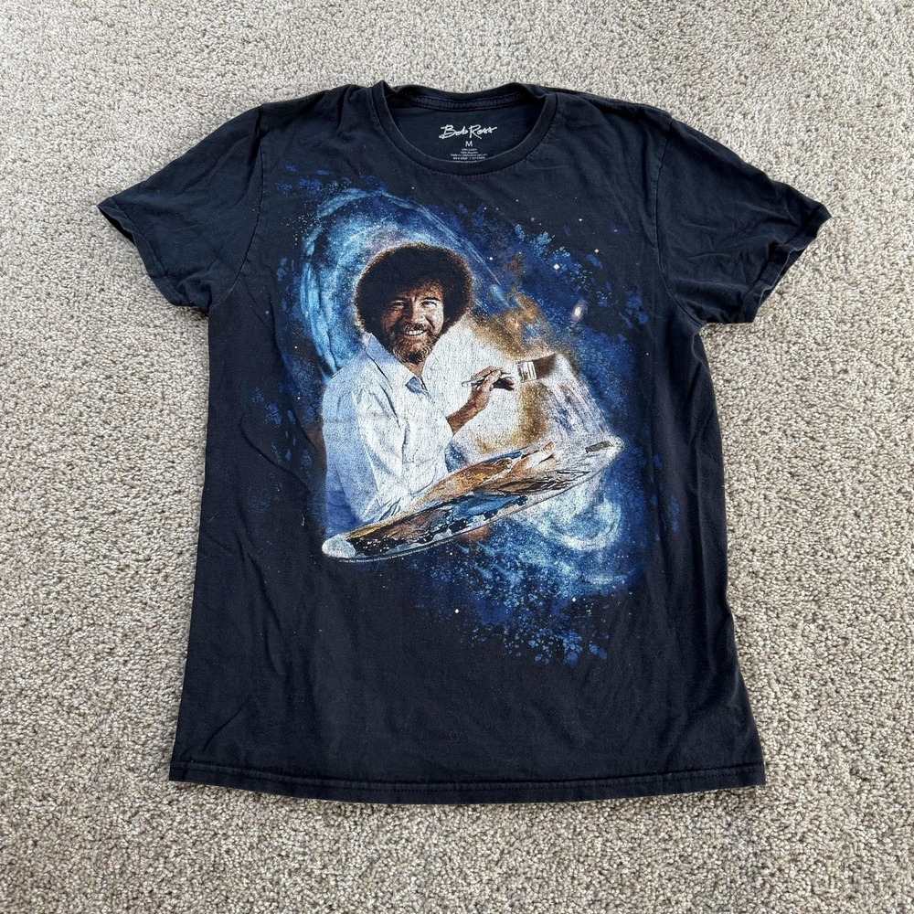 Bob Ross Shirt Mens Medium Black Space Painter Galaxy Graphic Tee T-Shirt
